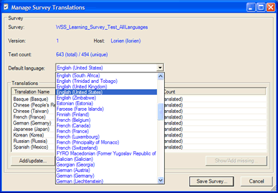 Choosing a language from the default language list.