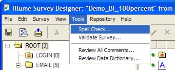 The Spell Check option in the Tools menu.