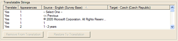 List of translatable strings in a translation package.