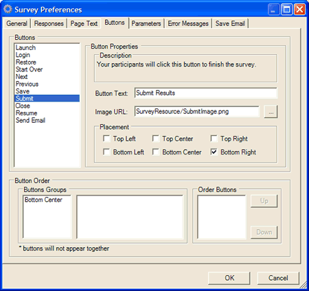 The buttons tab of the Survey Preferences editor
