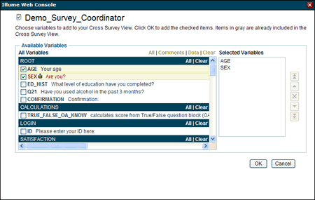 Dialog for adding variables to a cross survey view.