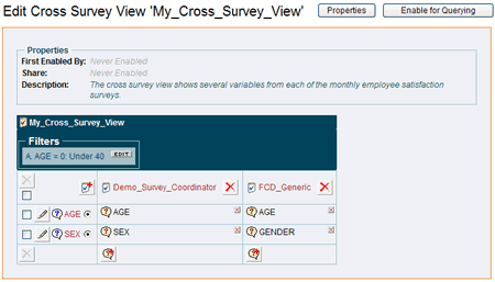 The cross survey view edit page with top buttons