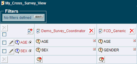 Grid showing surveys and questions in a cross survey view.