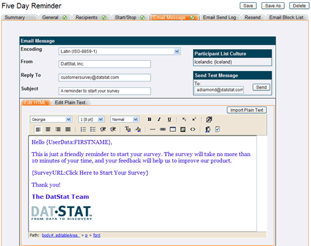 The email job message tab with HTML editor