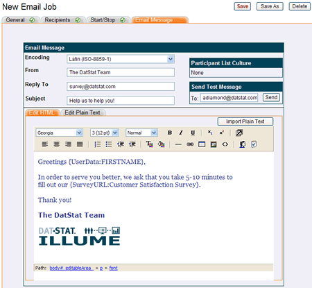The email message tab with HTML editor