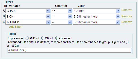 Advanced grouping of query filters